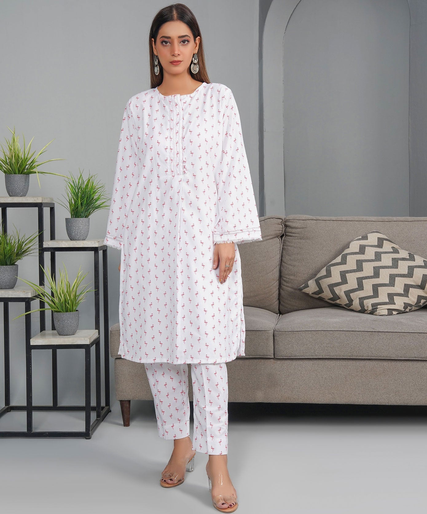 Flamingos White Stitched 2-Piece Set