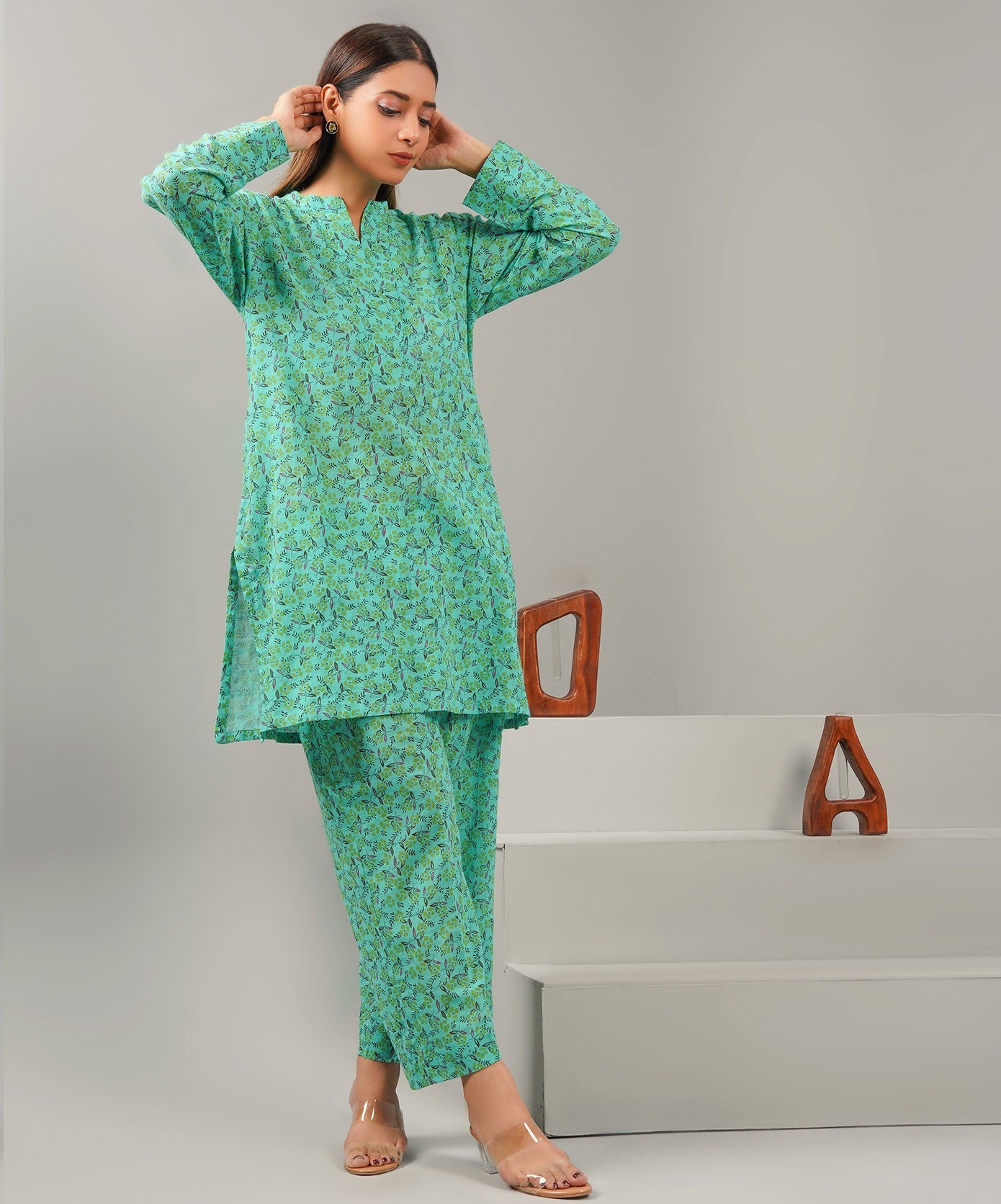 Summer Green Stitched 2-Piece Floral Set