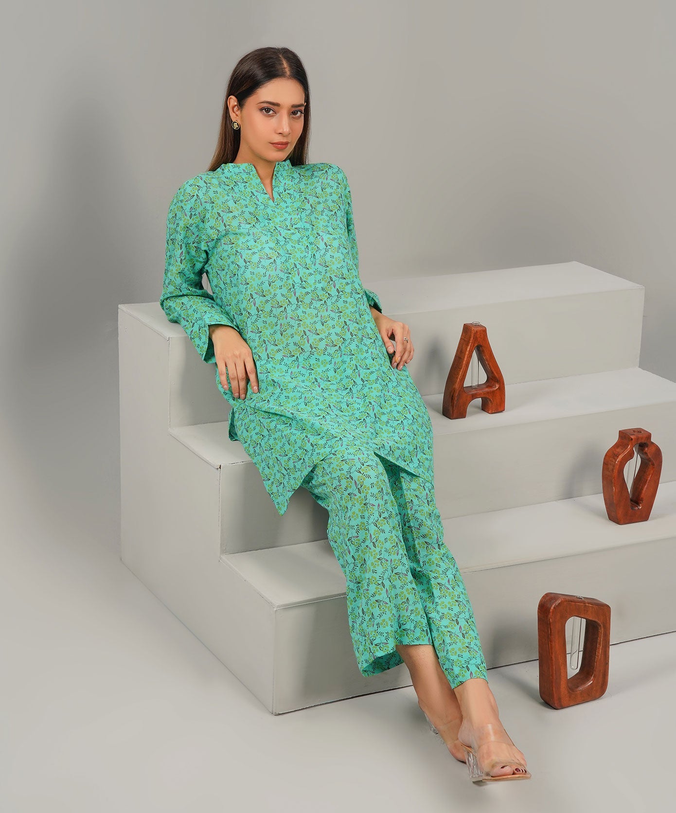 Summer Green Stitched 2-Piece Floral Set