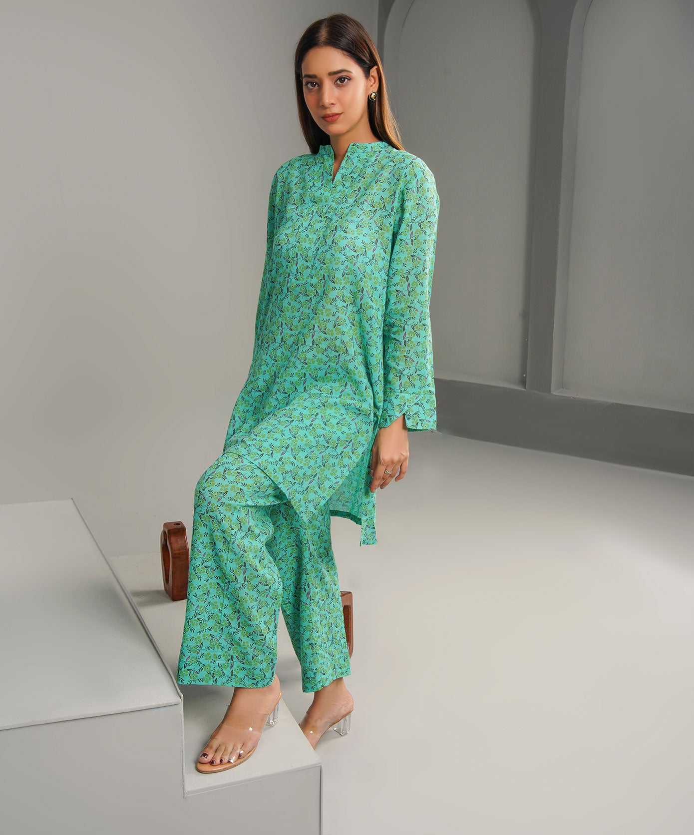 Summer Green Stitched 2-Piece Floral Set