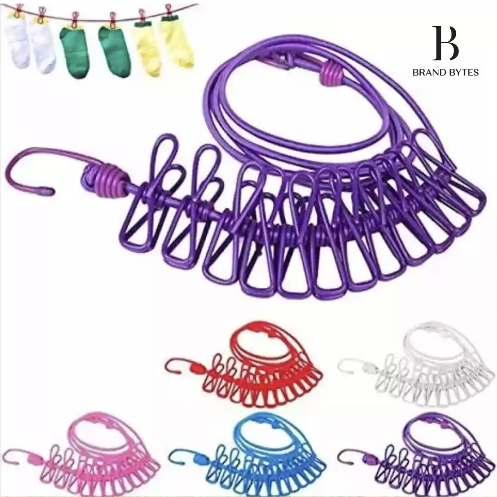 Portable Clothes Drying Rope with 12 Clips & 2 Hooks – Travel Clothesline for Indoor & Outdoor Use