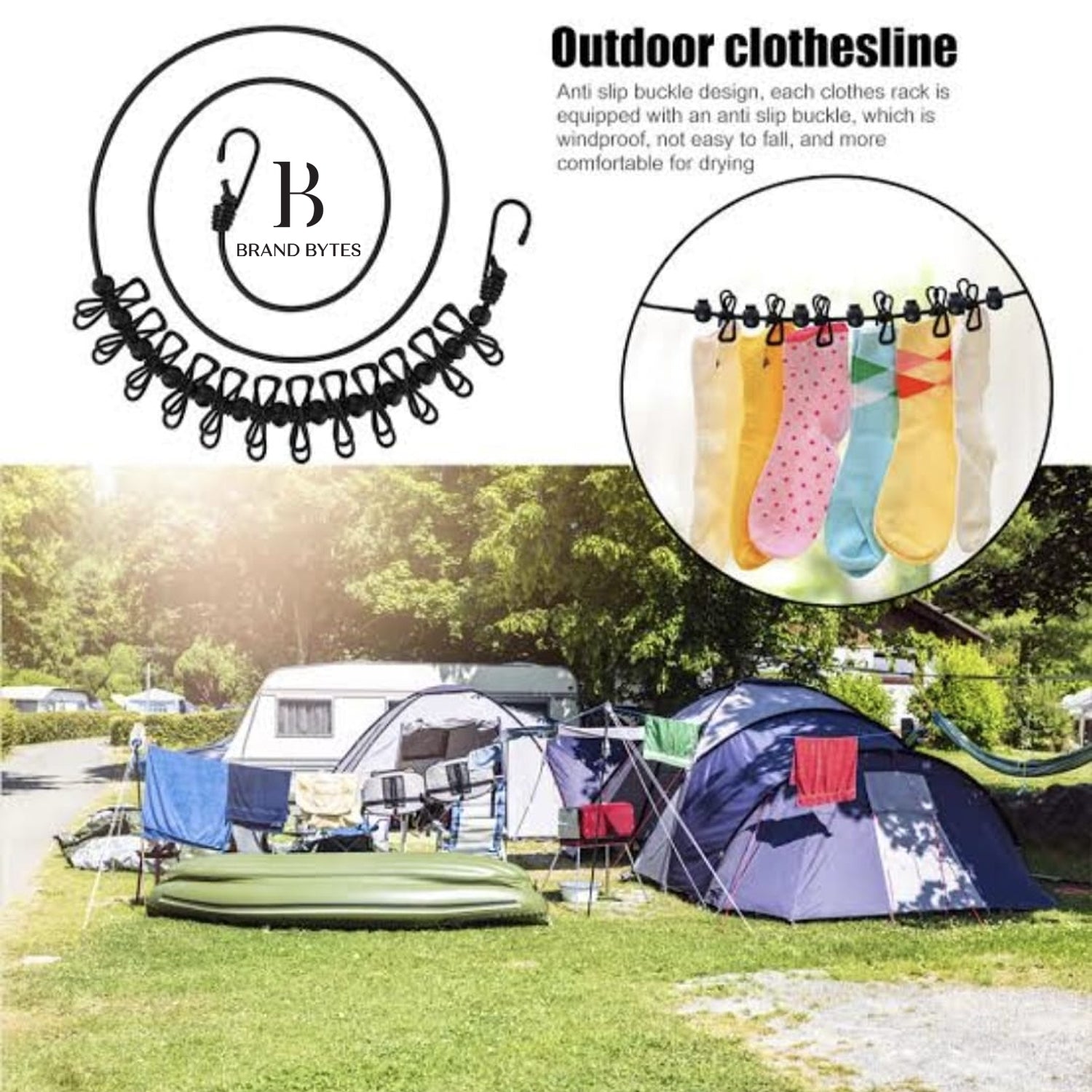 Portable Clothes Drying Rope with 12 Clips & 2 Hooks – Travel Clothesline for Indoor & Outdoor Use