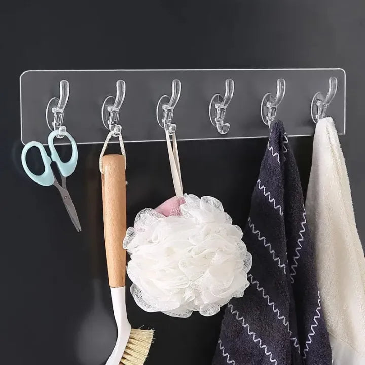6-Hook Adhesive Wall Hook Strip – Nail-Free Transparent Sticker Patti