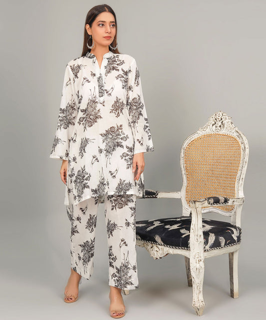 Black n White Stitched 2-Piece Floral Set
