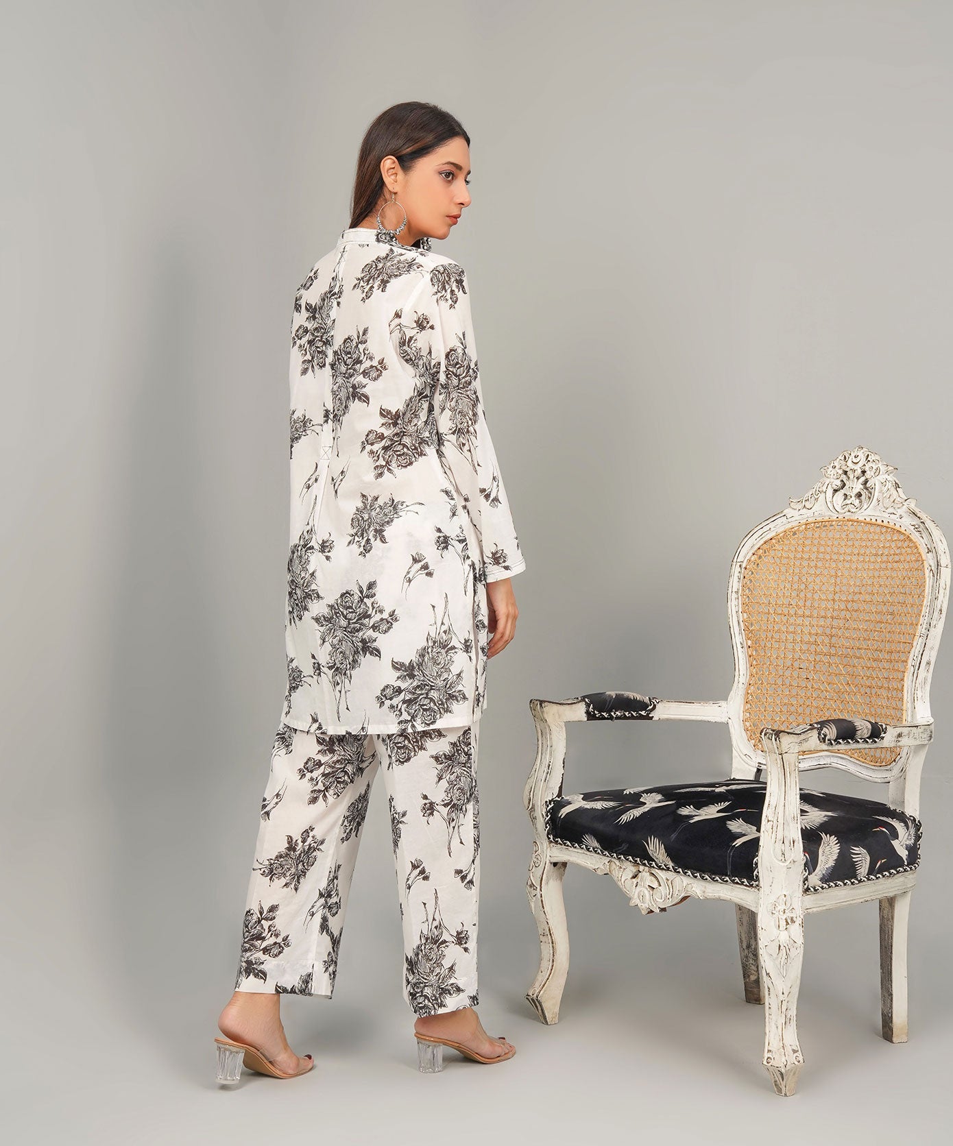 Black n White Stitched 2-Piece Floral Set