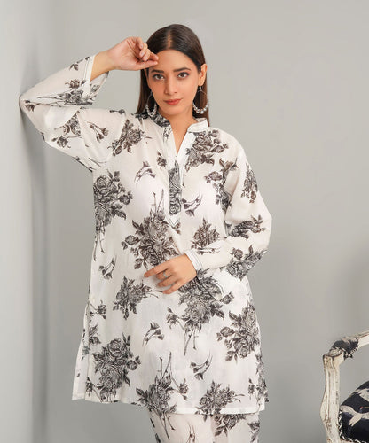 Black n White Stitched 2-Piece Floral Set