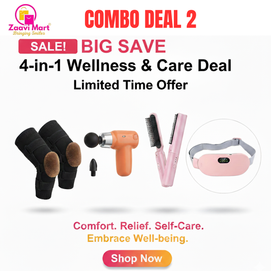 4-in-1 Comfort & Wellness Combo – Knee Warmer, Massage Gun, Heat Comb & Belly Cramp Belt