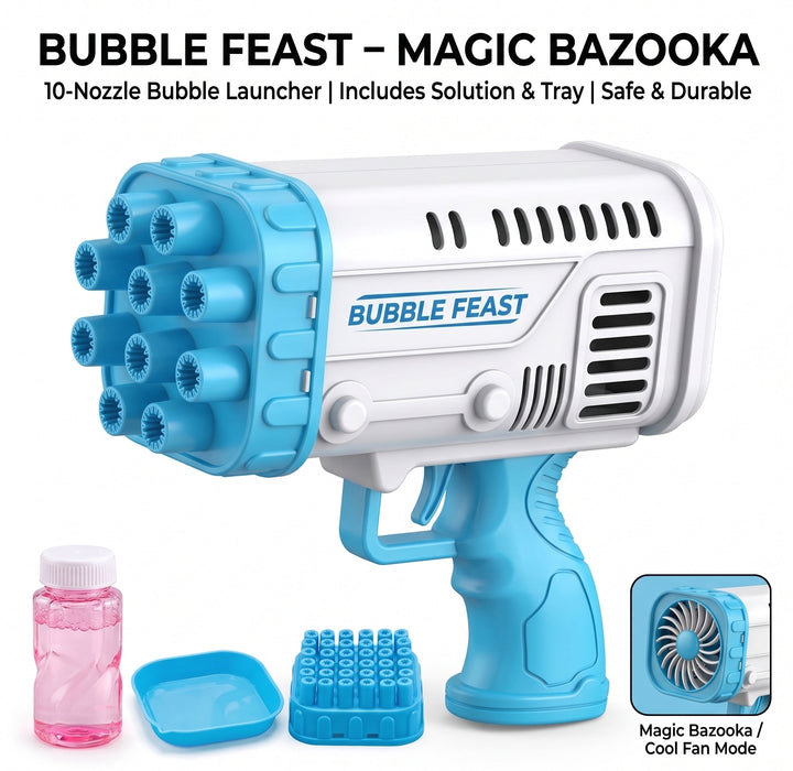Bubble Feast Magic Bazooka – 10 Nozzle Bubble Launcher for Kids