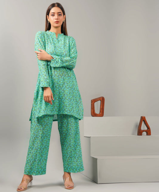 Summer Green Stitched 2-Piece Floral Set