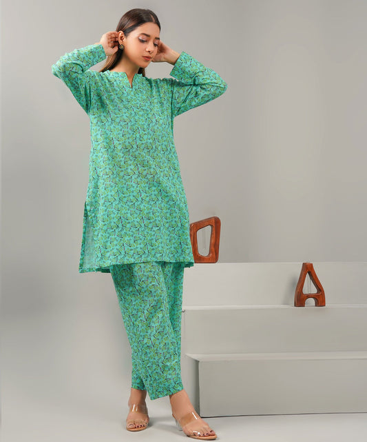 Summer Green Stitched 2-Piece Floral Set