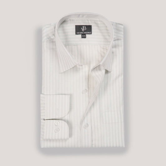 Ultra Formal Self Cotton White with Light Green Pinstripes Premium Men's Shirt