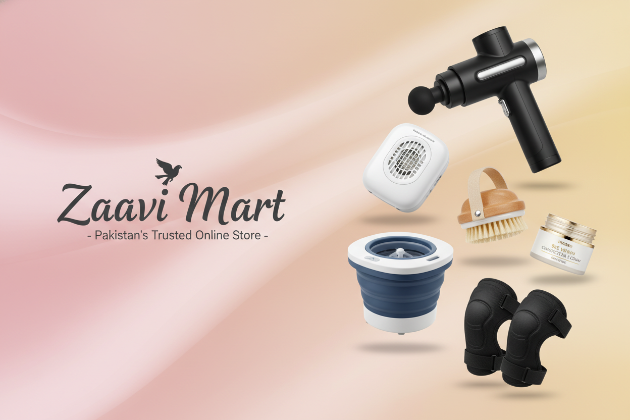 AI Banner Prompt (Updated):
“Create a wide Shopify homepage hero banner for Zaavi Mart – Pakistan’s Trusted Online Store. Theme colours: pink aur yellow (soft gradient). Modern premium ecommerce feel.
Left side mein Zaavi Mart logo.
Right side mein ek stylish product collage dikhana hai jisme trending lifestyle & gadget products hoon, jaise: deep tissue massage gun, rechargeable fabric lint remover, mini portable washer, bath scrub brush, skincare cream (bee venom correcting cream), aur knee support pads.
H