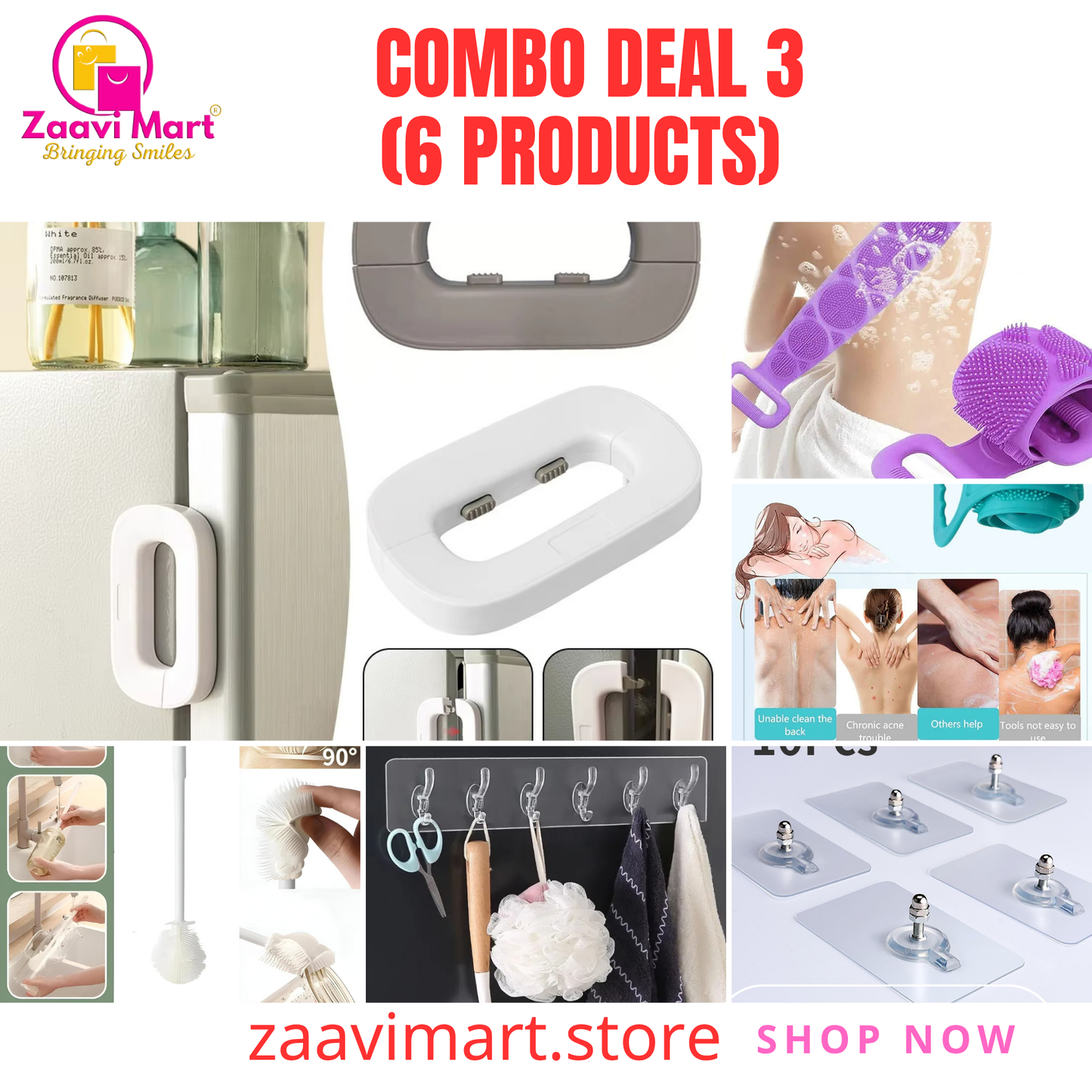 6-in-1 Smart Home & Self-Care Combo – Kitchen Hooks, Food Covers, Safety Lock, Silicone Body Scrubber & More