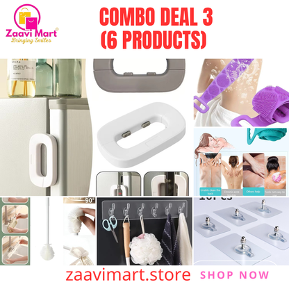 6-in-1 Smart Home & Self-Care Combo – Kitchen Hooks, Food Covers, Safety Lock, Silicone Body Scrubber & More