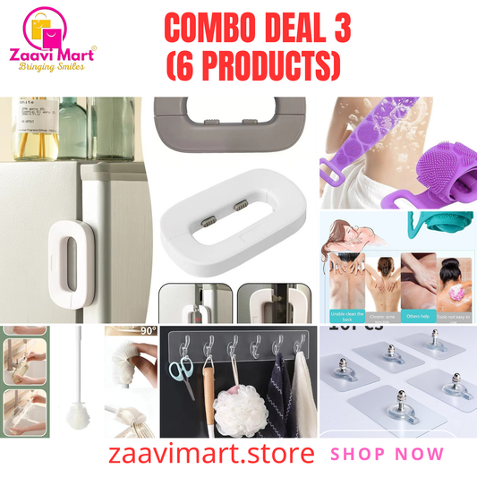 6-in-1 Smart Home & Self-Care Combo – Kitchen Hooks, Food Covers, Safety Lock, Silicone Body Scrubber & More